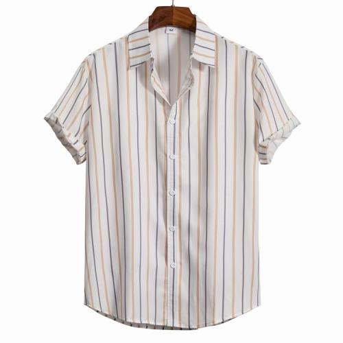 Casual plus size non-stretch vertical stripes print button short-sleeved shirt