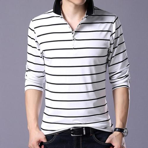 Casual plus size slight stretch striped print cotton long-sleeved polo shirt