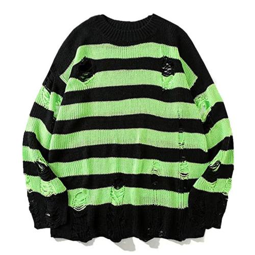 Stylish plus size slight stretch striped hole loose knitted sweater
