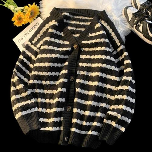 Plus size slight stretch stripe tassel loose knitted cardigan size run small