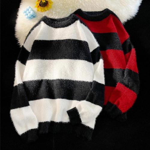 Plus size slight stretch stripe loose all-match knitted sweater size run small