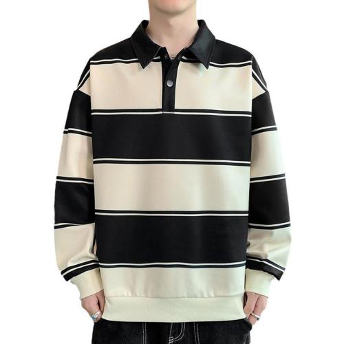 Casual plus size non-stretch striped print all-match polo shirt size run small