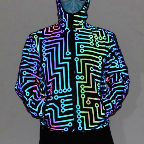 Casual plus size non-stretch tatting circuit board reflective hooded jacket