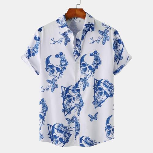 Halloween plus size non-stretch skull print short sleeve shirt