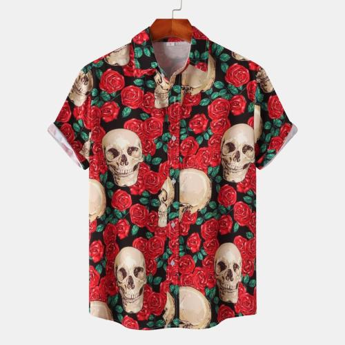 Halloween plus size non-stretch skull rose print short sleeve shirt