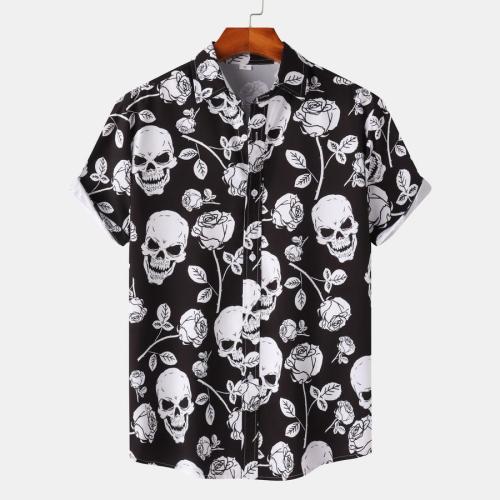 Halloween plus size non-stretch skull print short sleeve shirt#2
