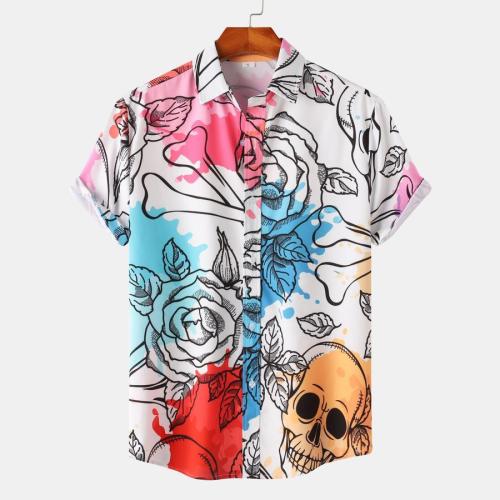 Halloween plus size non-stretch skull print short sleeve shirt#4