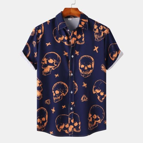 Halloween plus size non-stretch skull print short sleeve shirt#6