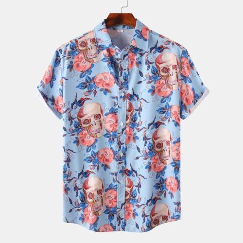 Halloween plus size non-stretch skull flower print short sleeve shirt