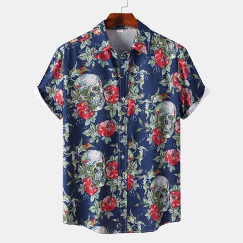 Halloween plus size non-stretch skull flower print short sleeve shirt#1