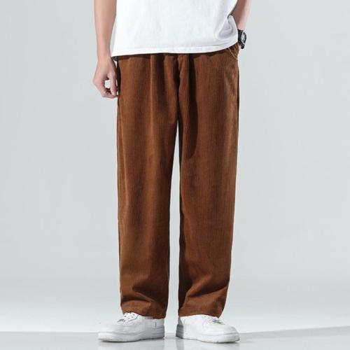 Casual plus size non-stretch solid color corduroy pocket straight pants