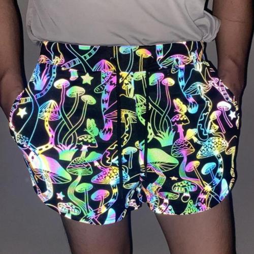 Stylish plus size slight stretch mushroom graphic reflective shorts with lined