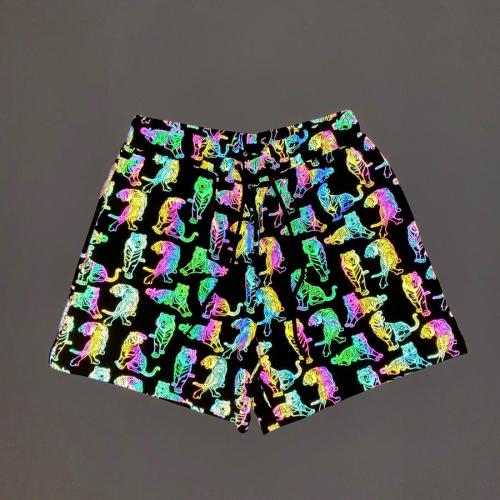 Stylish plus size slight stretch tiger graphic reflective shorts with lined