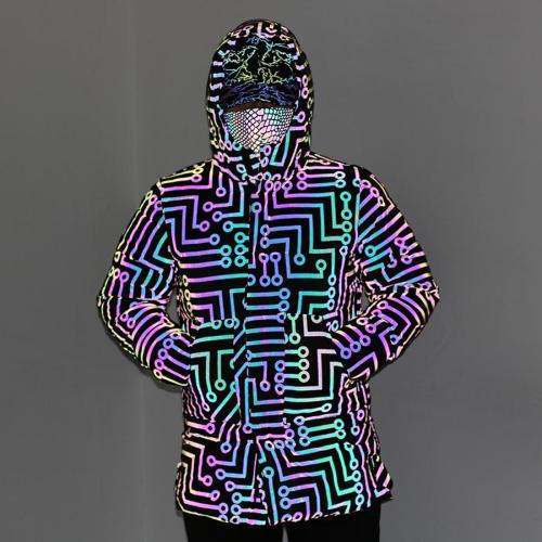 Stylish plus size non-stretch circuit stripe reflective warm puffer jacket