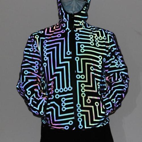 Stylish plus size non-stretch circuit stripe reflective hooded jacket