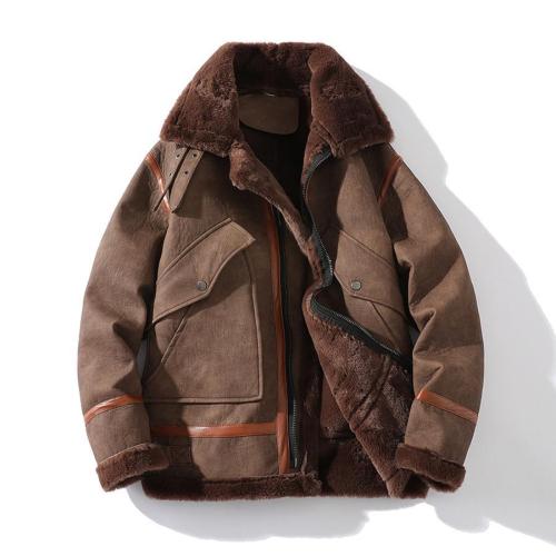 Stylish plus size non-stretch pu plush thickened zip-up jacket