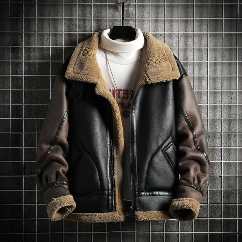 Stylish plus size non-stretch pu polar fleece contrast color zip-up jacket
