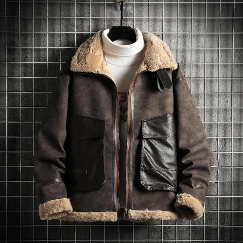Stylish plus size non-stretch pu plush patchwork pocket zip-up jacket