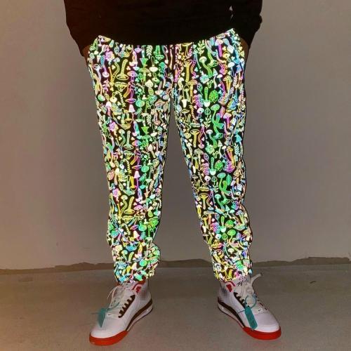 Stylish hip-hop plus size non-stretch mushroom graphic reflective pants