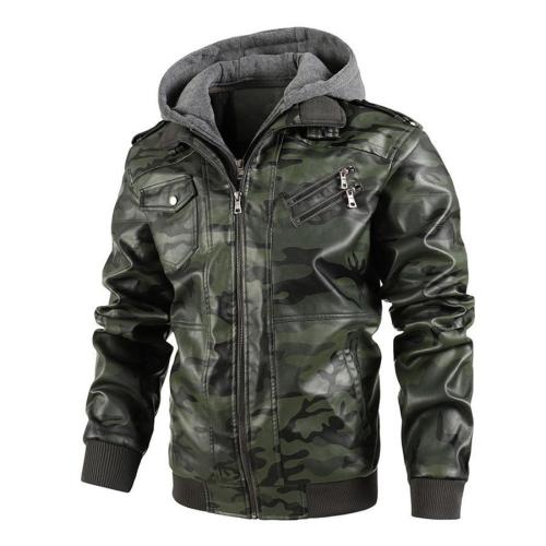 Casual plus size non-stretch camo pu fake two-piece set hooded zip-up jacket