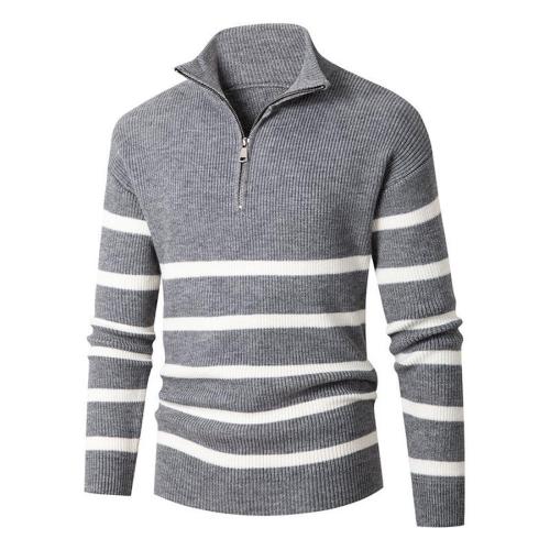 Casual plus size slight stretch zip-up knitted striped thin sweater