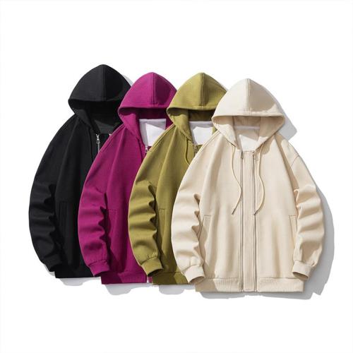 Casual plus size slight stretch solid double zip-up hooded loose sweatshirt