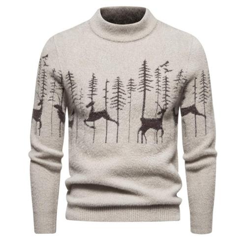 Casual plus size slight stretch forest elk jacquard knitted sweater