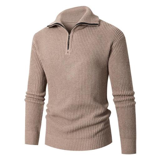 Casual plus size slight stretch simple solid color zip-up knitted sweater