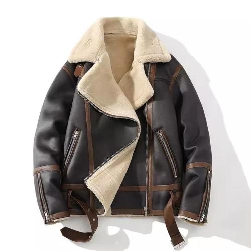 Casual plus size non-stretch pu berber fleece zip-up warm jacket