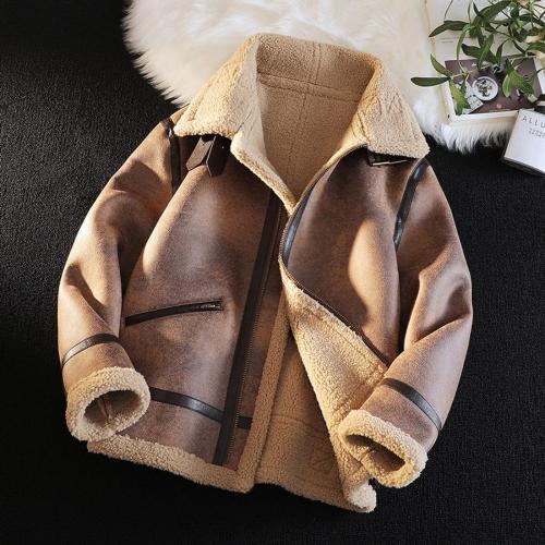 Casual plus size non-stretch pu berber fleece zip-up pocket warm jacket