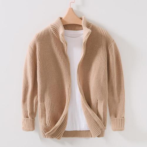 Casual plus size slight stretch solid color zip-up knitted cardigan sweater