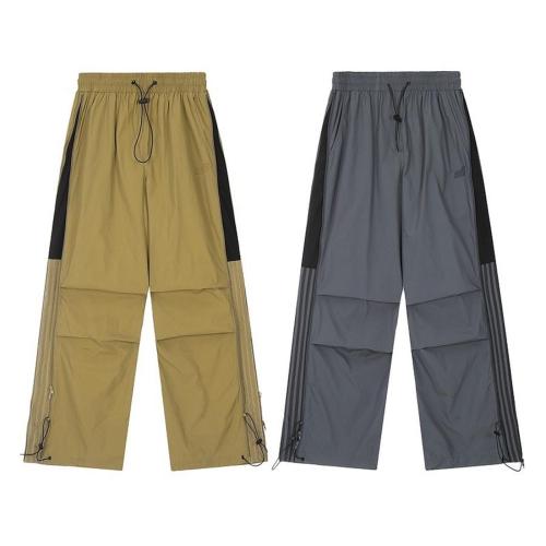 Casual non-stretch contrast color zip-up loose drawstring pleated straight pants