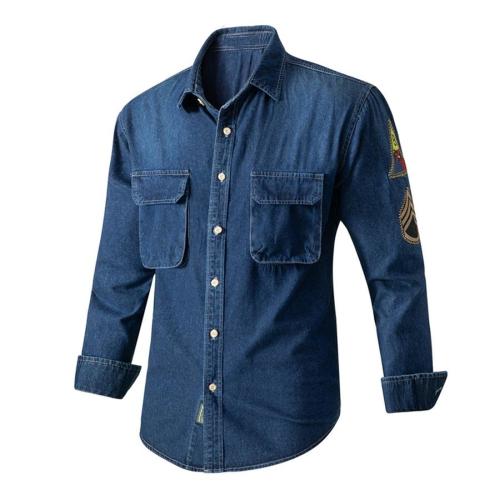 Casual plus size non-stretch solid single breasted embroidered denim shirt size run small