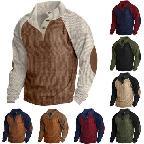 Casual plus size non-stretch contrast color long sleeve corduroy sweatshirt
