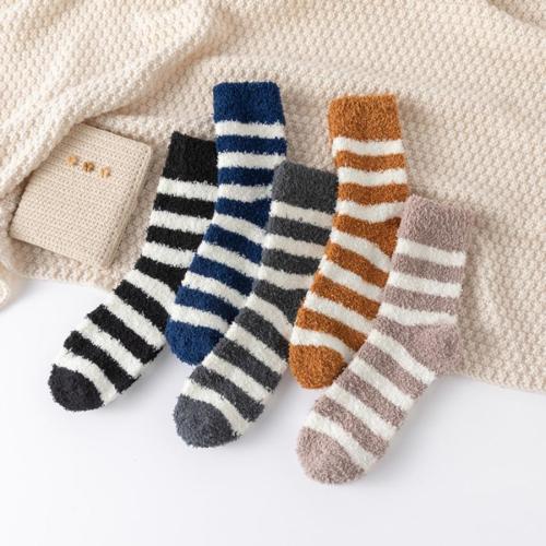 Five pair new stylish contrast color stripe coral fleece warm crew socks