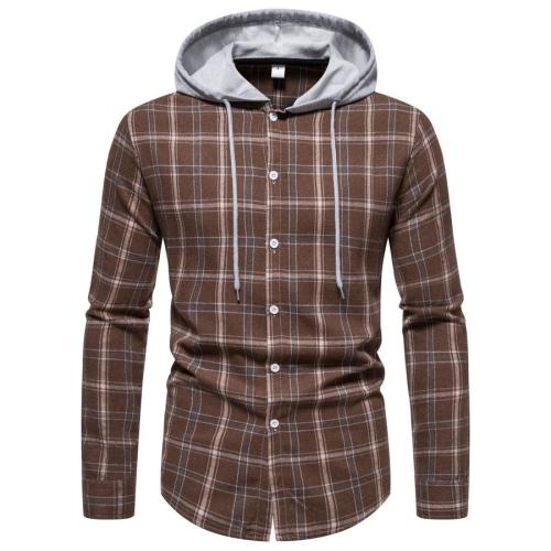 Casual plus size non-stretch stylish plaid print hooded long sleeve shirt