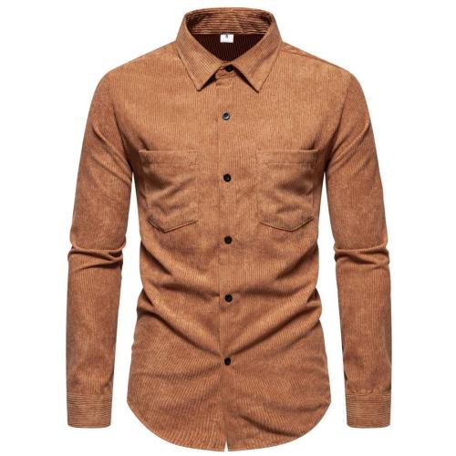 Casual plus size non-stretch solid color corduroy long sleeve shirt