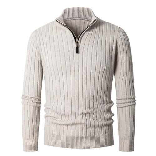 Casual plus size slight stretch solid color knitted stripe zip-up sweater