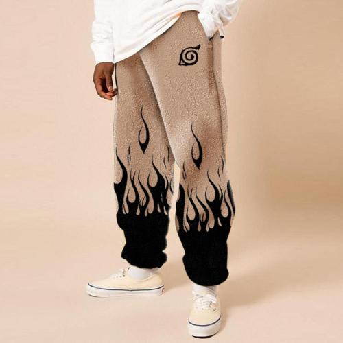 Casual plus size slight stretch flame printing plush pocket sweatpants