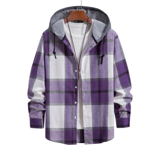 Casual plus size non-stretch large plaid print single-breasted hooded shirt