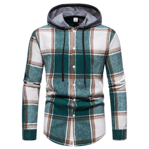 Casual plus size non-stretch plaid print single-breasted all-match hooded shirt