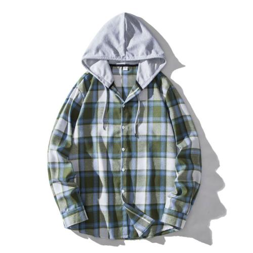 Casual plus size non-stretch plaid print single-breasted hooded shirt