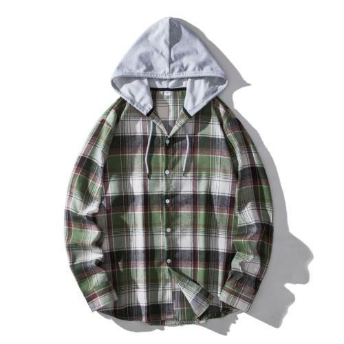 Casual plus size non-stretch plaid print single-breasted hooded shirt#1