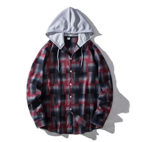 Casual plus size non-stretch plaid print single-breasted hooded shirt#2