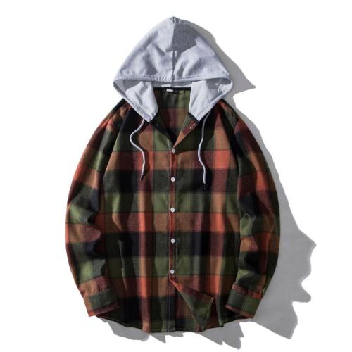 Casual plus size non-stretch plaid print single-breasted hooded shirt#3