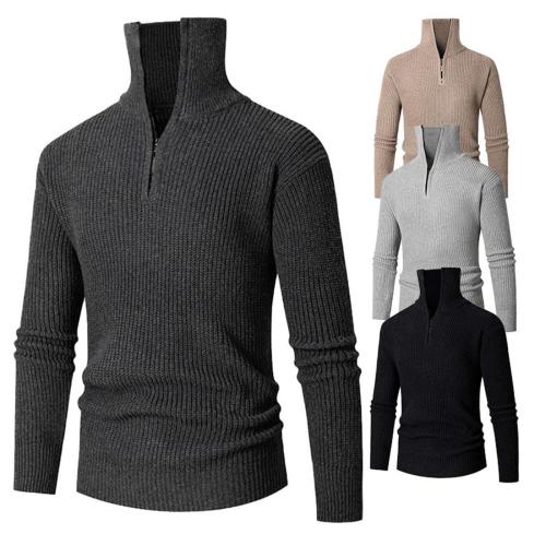 Casual plus size slight stretch solid color knitted zip-up high collar sweater