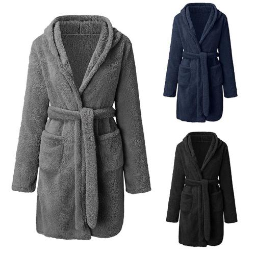 Casual non-stretch flannel belt hooded warm loungewear robe