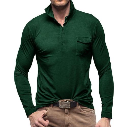 Casual plus size slight stretch simple solid color button pocket polo shirt