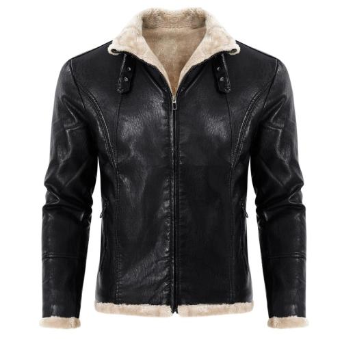 Casual plus size non-stretch solid color pu zip-up plus velvet jacket