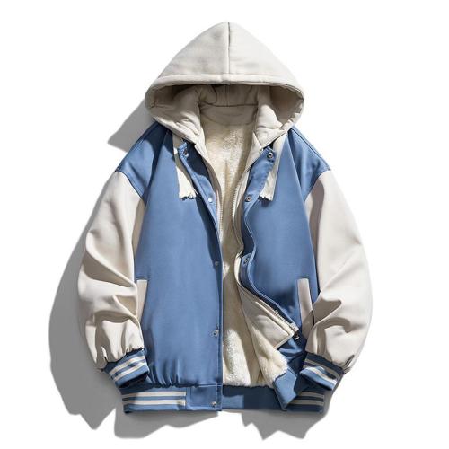 Casual plus size non-stretch plush hooded baseball jacket size run small